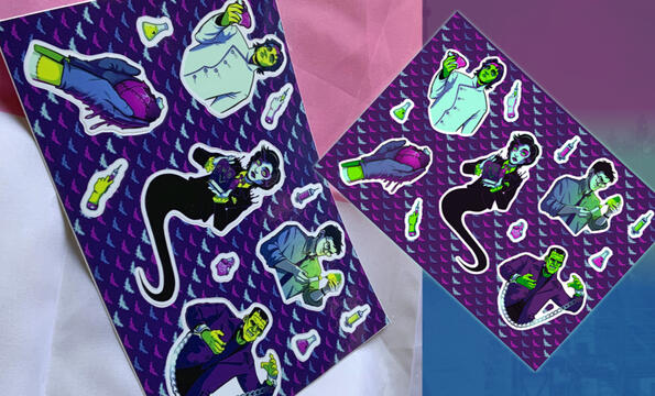 The World Beyond the Veil sticker sheet featuring ghost mascot Dmitri.